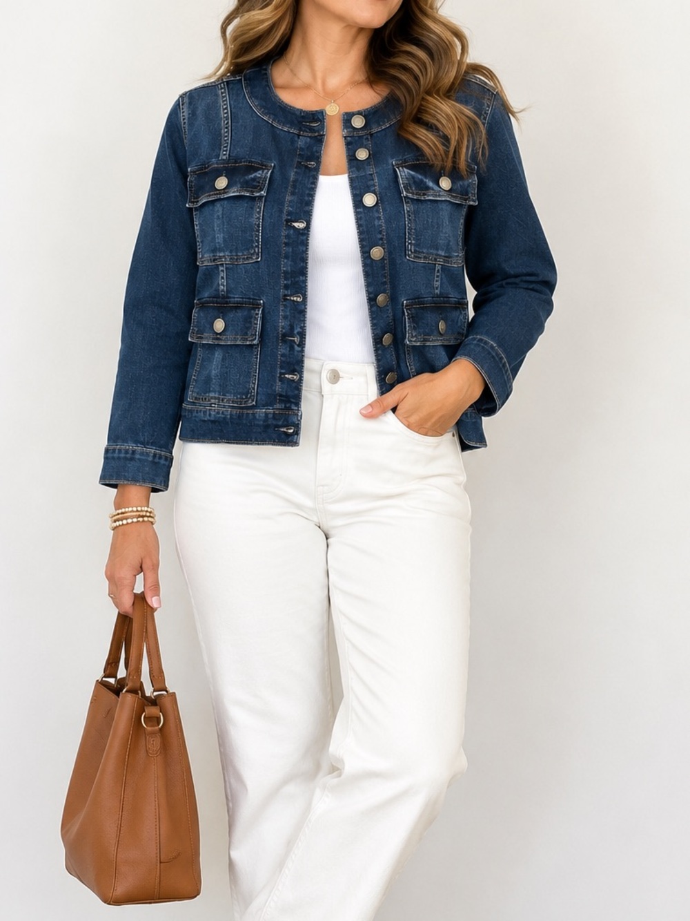 St. John’s Bay Women’s Plus 1X Denim Utility Jacket 4 Pocket Stretch Jean Jacket